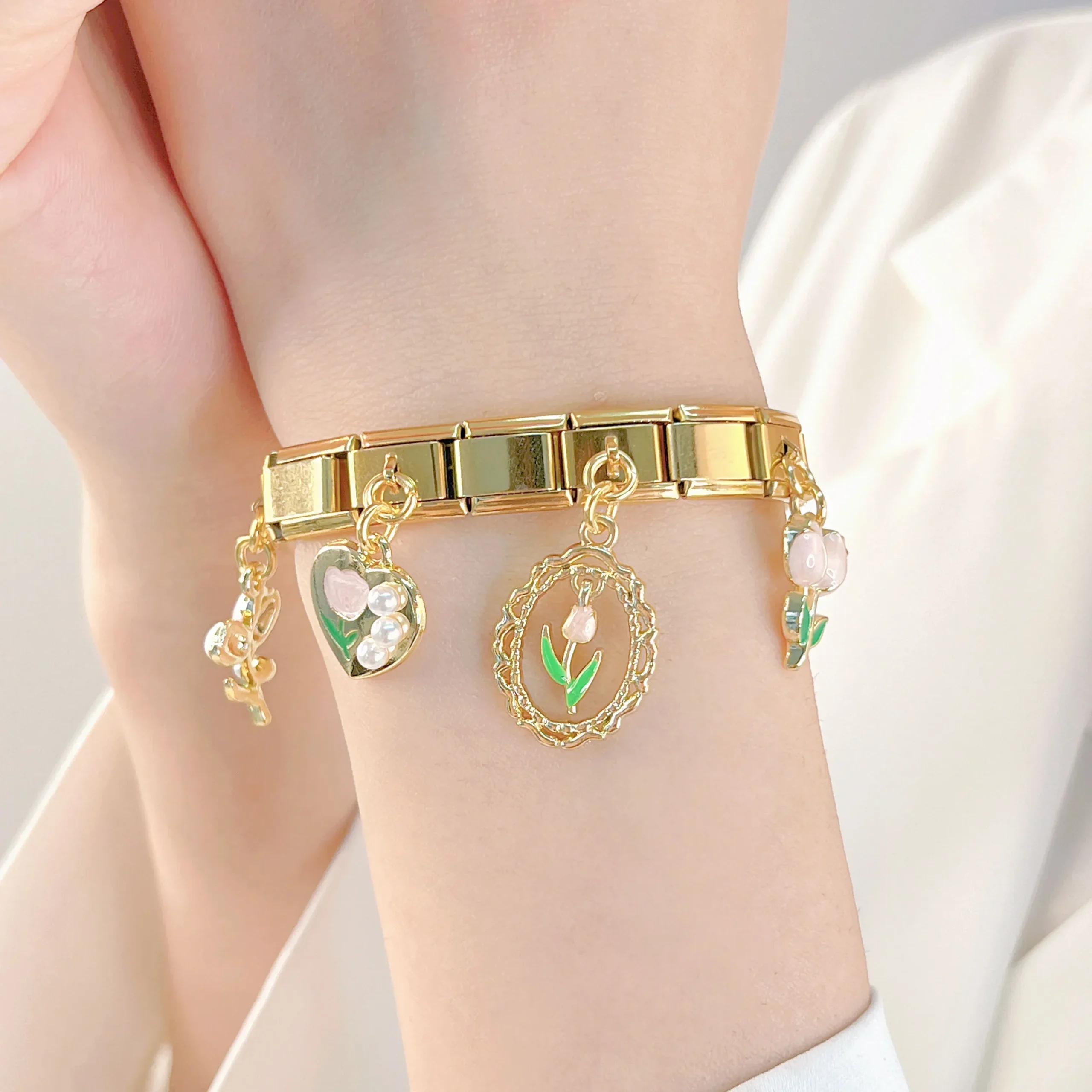 Moonstone Tulip and Heart Dangle Italian Charms