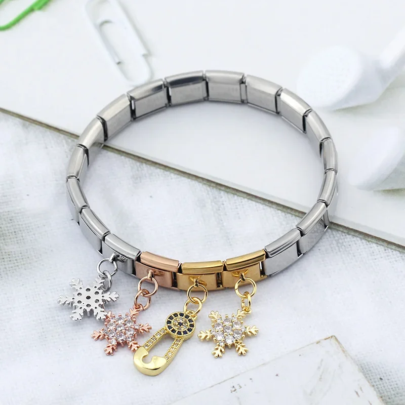 Crystal Snowflake, Key and Safety Pin Dangle Italian Charms - Image 3