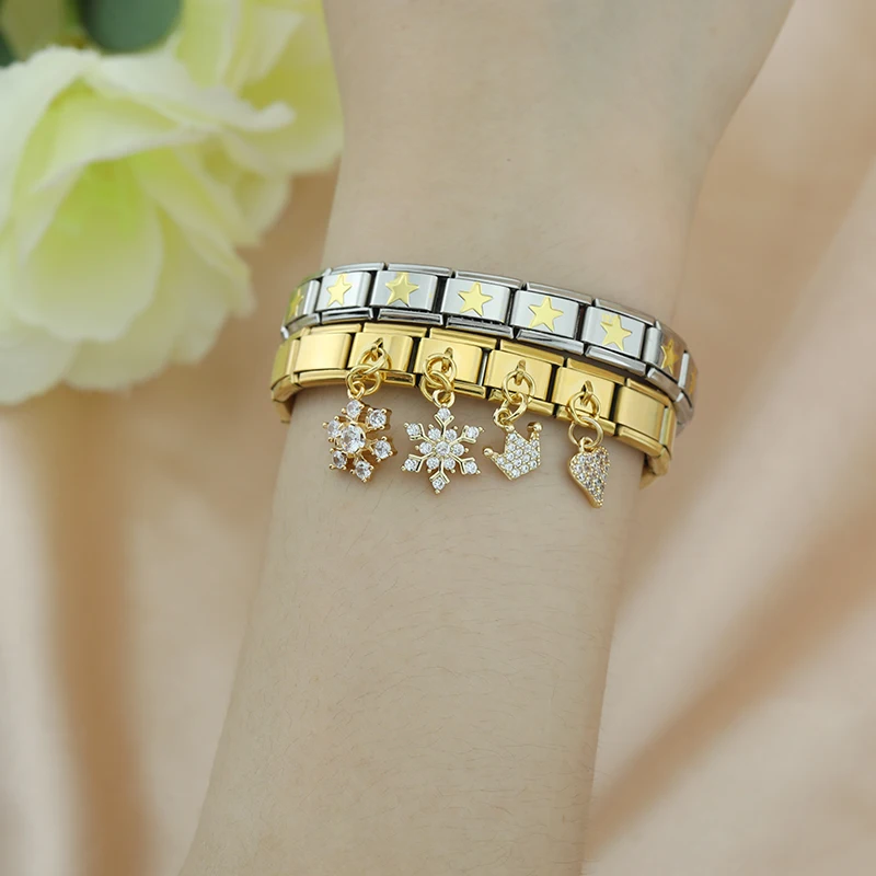Crystal Crown and Star Gold Dangle Italian Charms