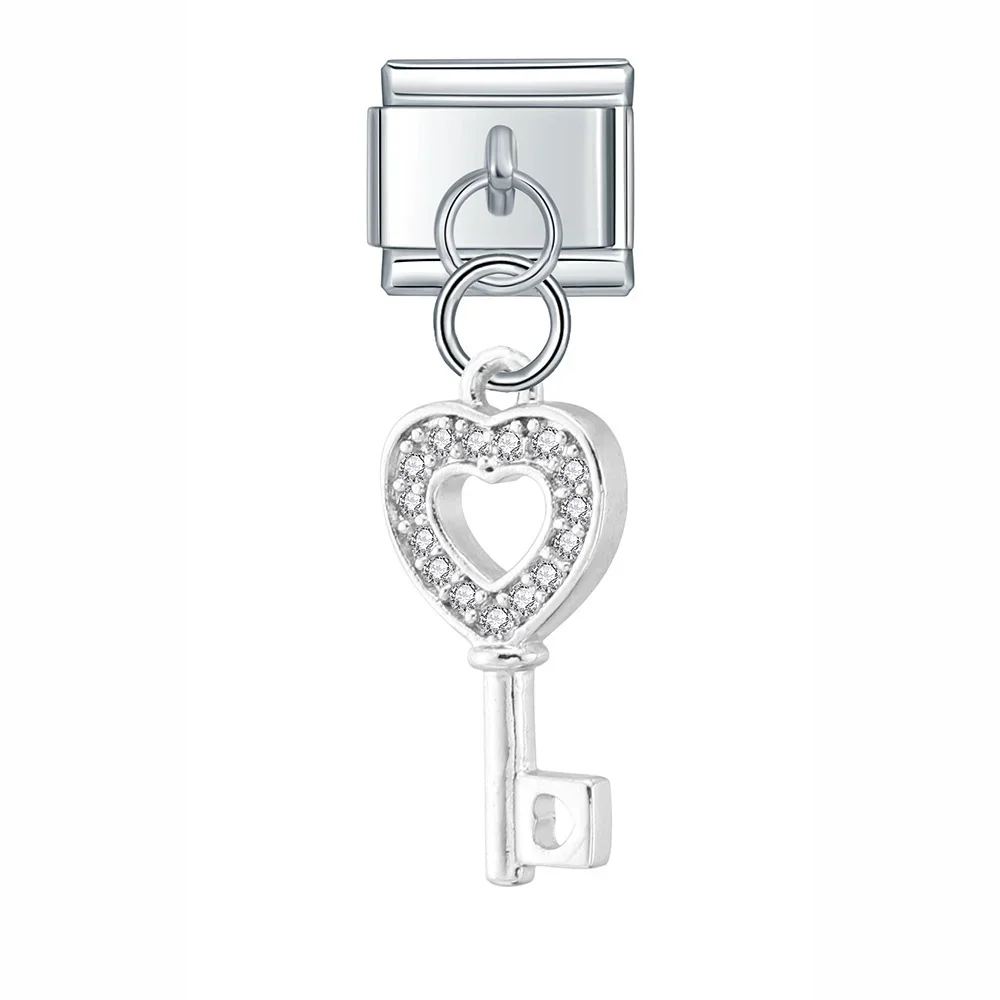 Crystal Snowflake, Key and Safety Pin Dangle Italian Charms - Image 6