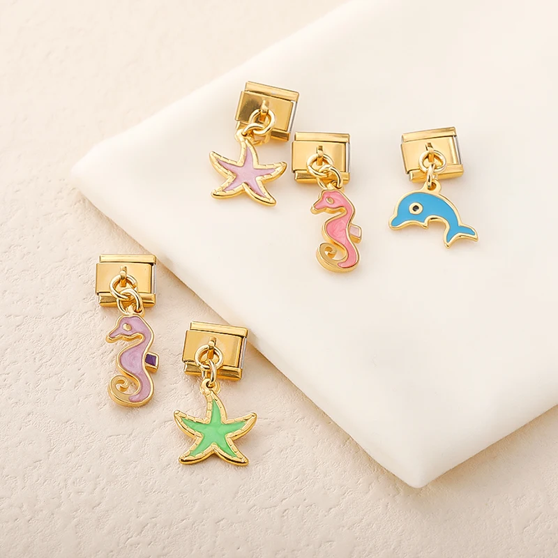 Seahorse, Dolphin and Starfish Dangle Italian Charms - Image 3
