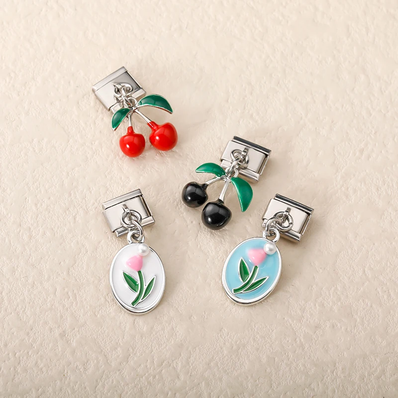 Cherry, Elephant and Tulip Dangle Italian Charms - Image 2