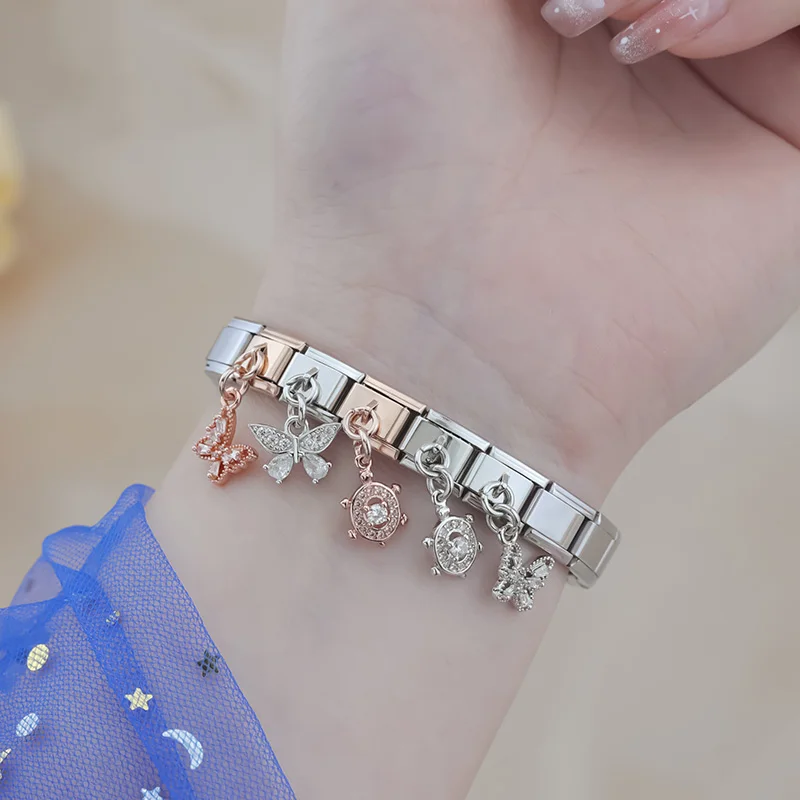 Crystal Butterfly and Turtle Dangle Italian Charms
