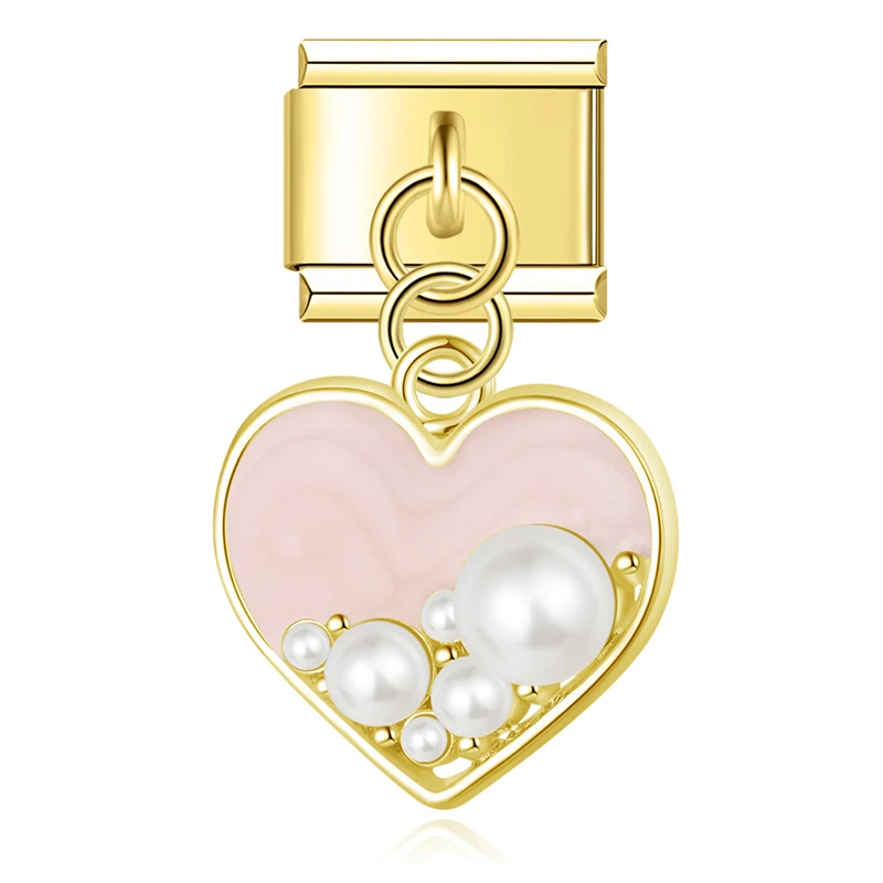 Pearl Heart and Flower Gold Dangle Italian Charms