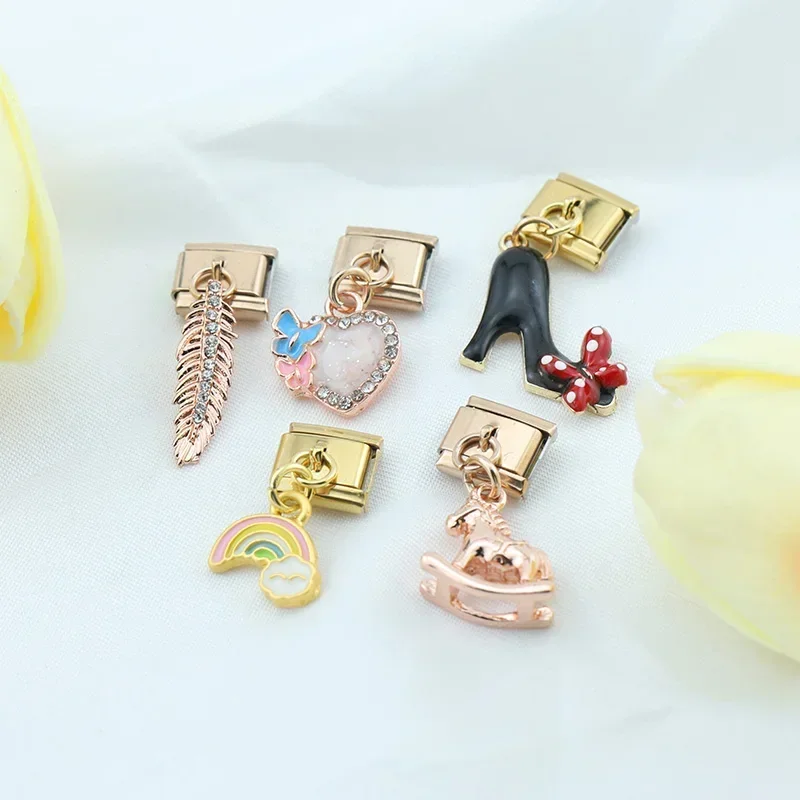 Heart, Rainbow and Feather Dangle Italian Charms - Image 3
