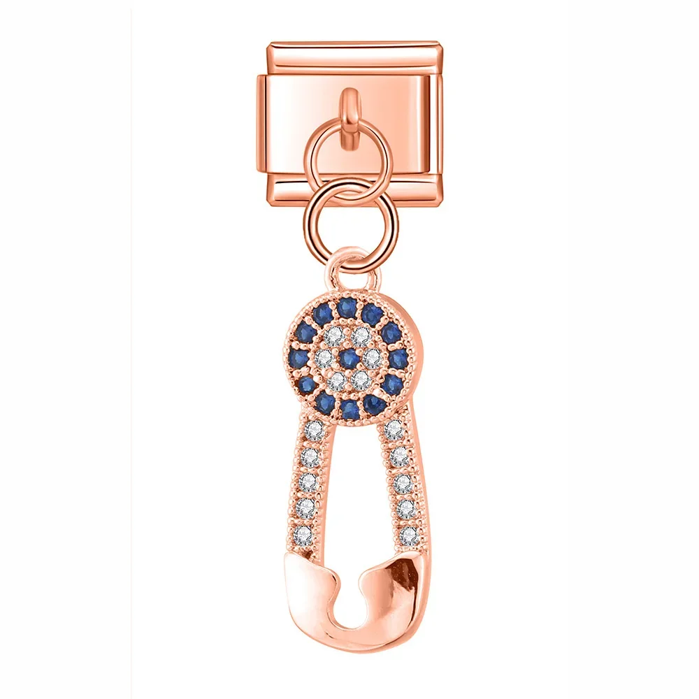 Crystal Snowflake, Key and Safety Pin Dangle Italian Charms - Image 9