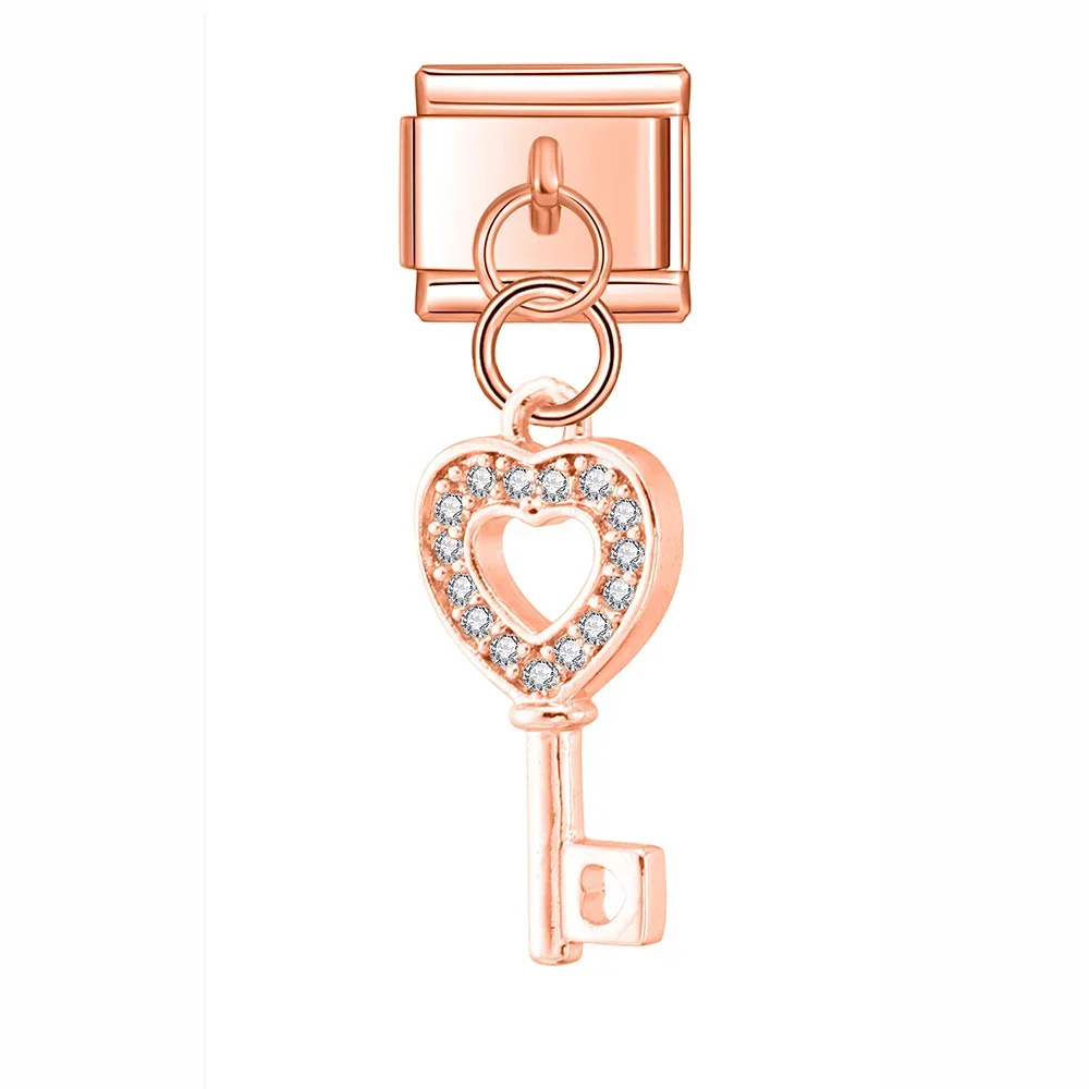 Crystal Snowflake, Key and Safety Pin Dangle Italian Charms - Image 7