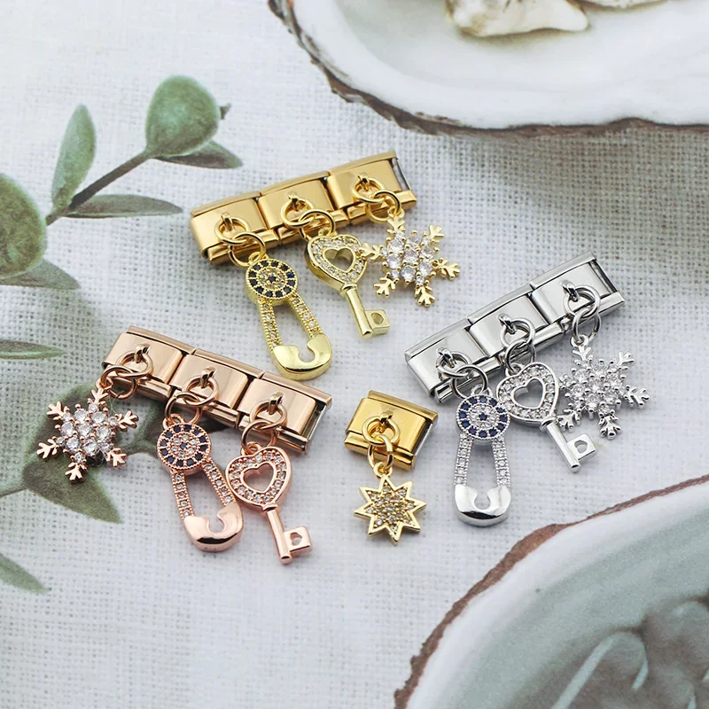 Crystal Snowflake, Key and Safety Pin Dangle Italian Charms - Image 2