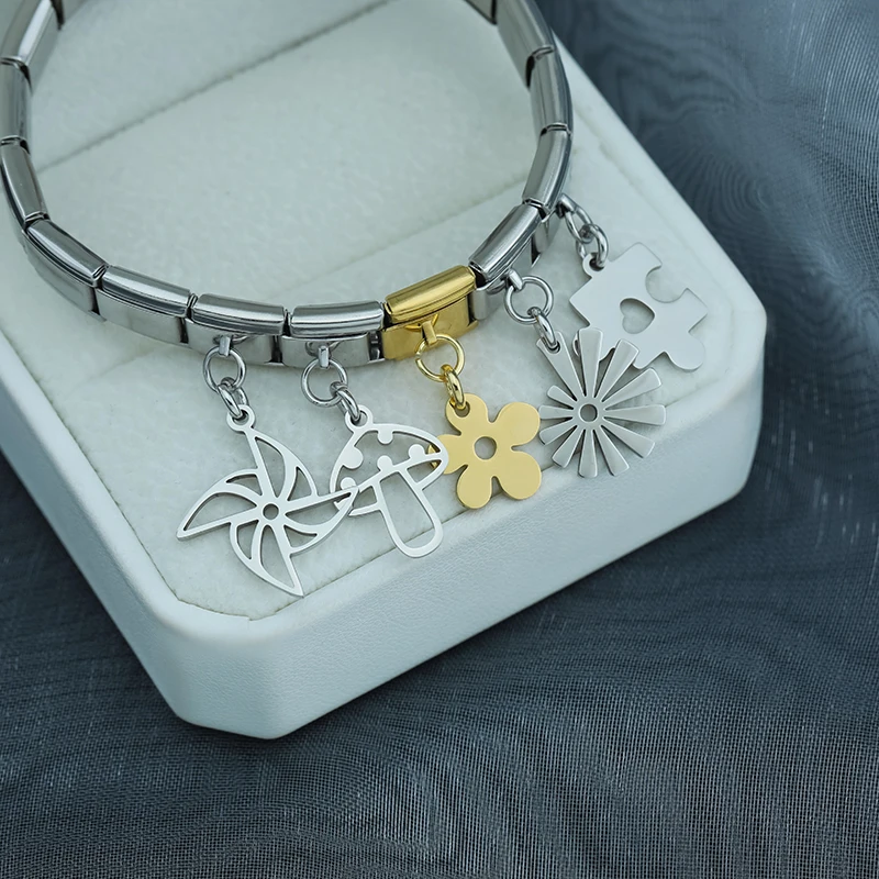 Flower, Mushroom and Puzzle Dangle Italian Charms - Image 3