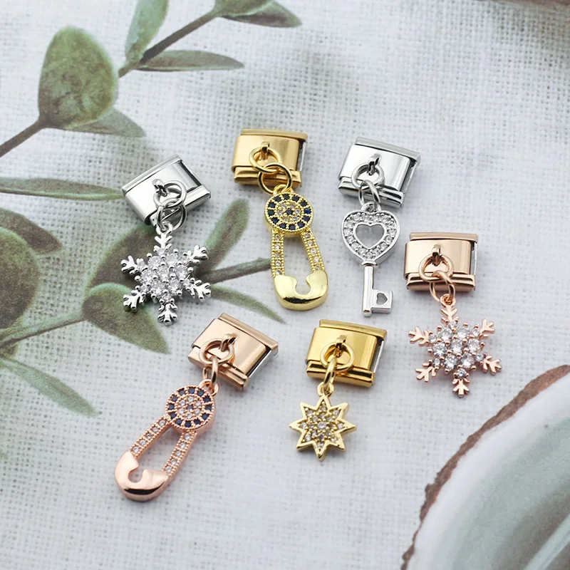 Crystal Snowflake, Key and Safety Pin Dangle Italian Charms