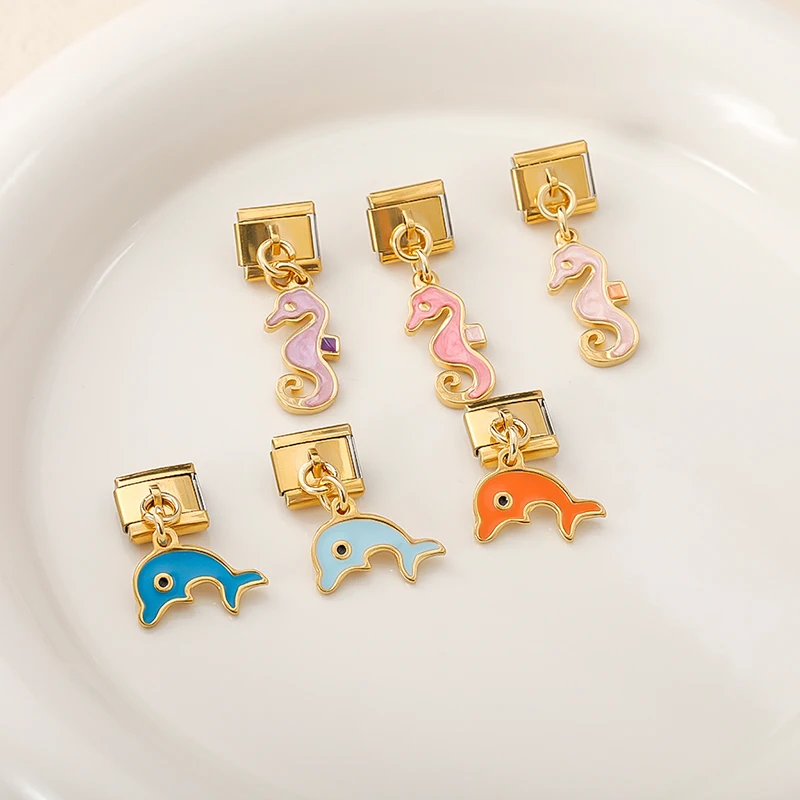 Seahorse, Dolphin and Starfish Dangle Italian Charms - Image 2
