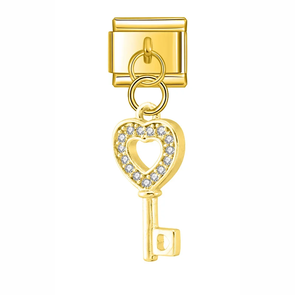 Crystal Snowflake, Key and Safety Pin Dangle Italian Charms - Image 4