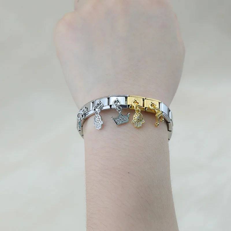 Crystal Crown, Hamsa and Music Note Dangle Italian Charms