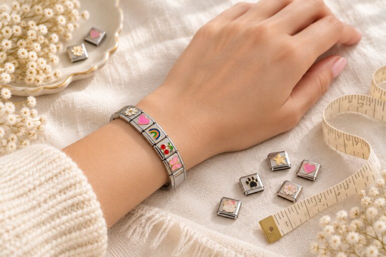 Wrist wearing an Italian charm bracelet beside a measuring tape and loose charm links