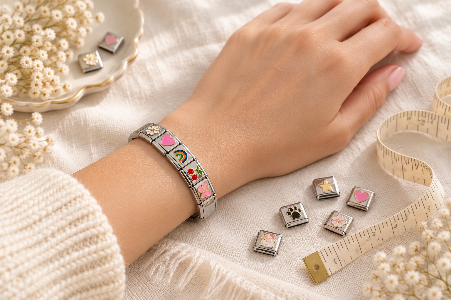 Wrist wearing an Italian charm bracelet beside a measuring tape and loose charm links