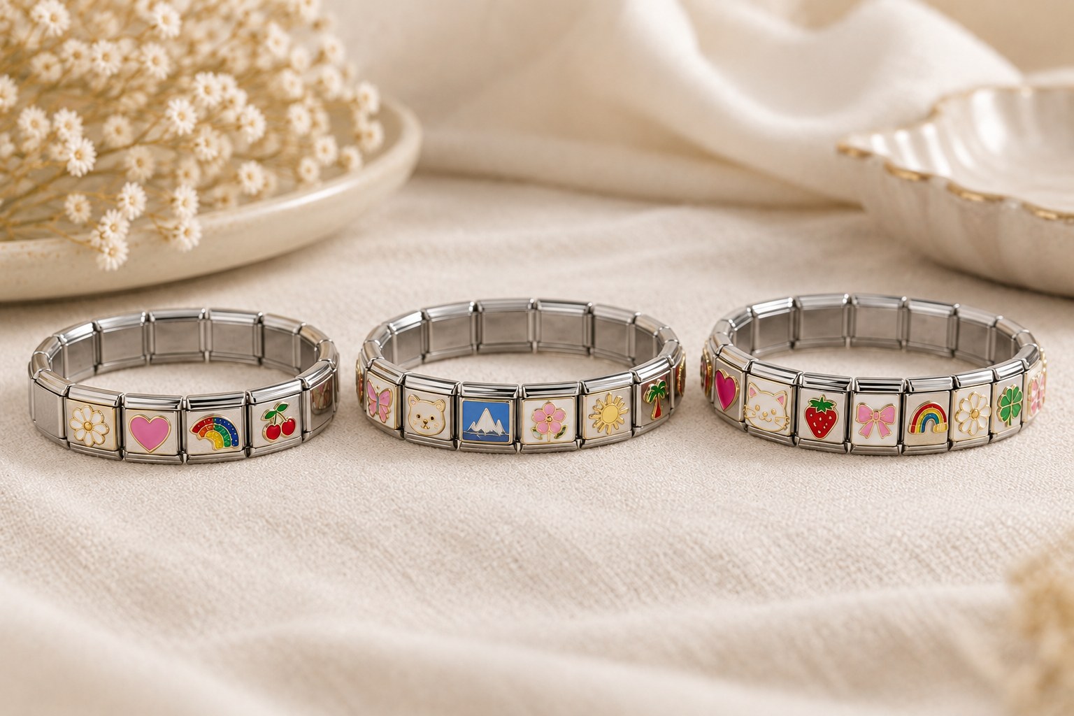 Italian charm bracelets showing a few charms, half full and almost full