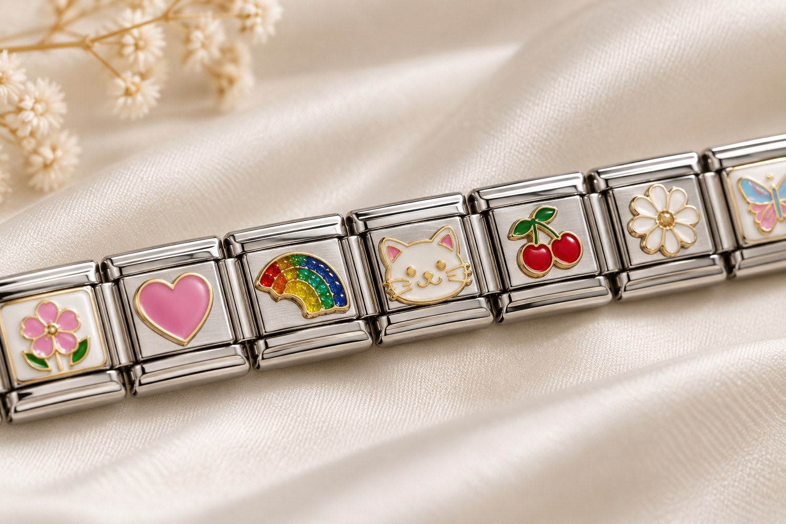 Close up of 9 mm Italian charm links with enamel charms