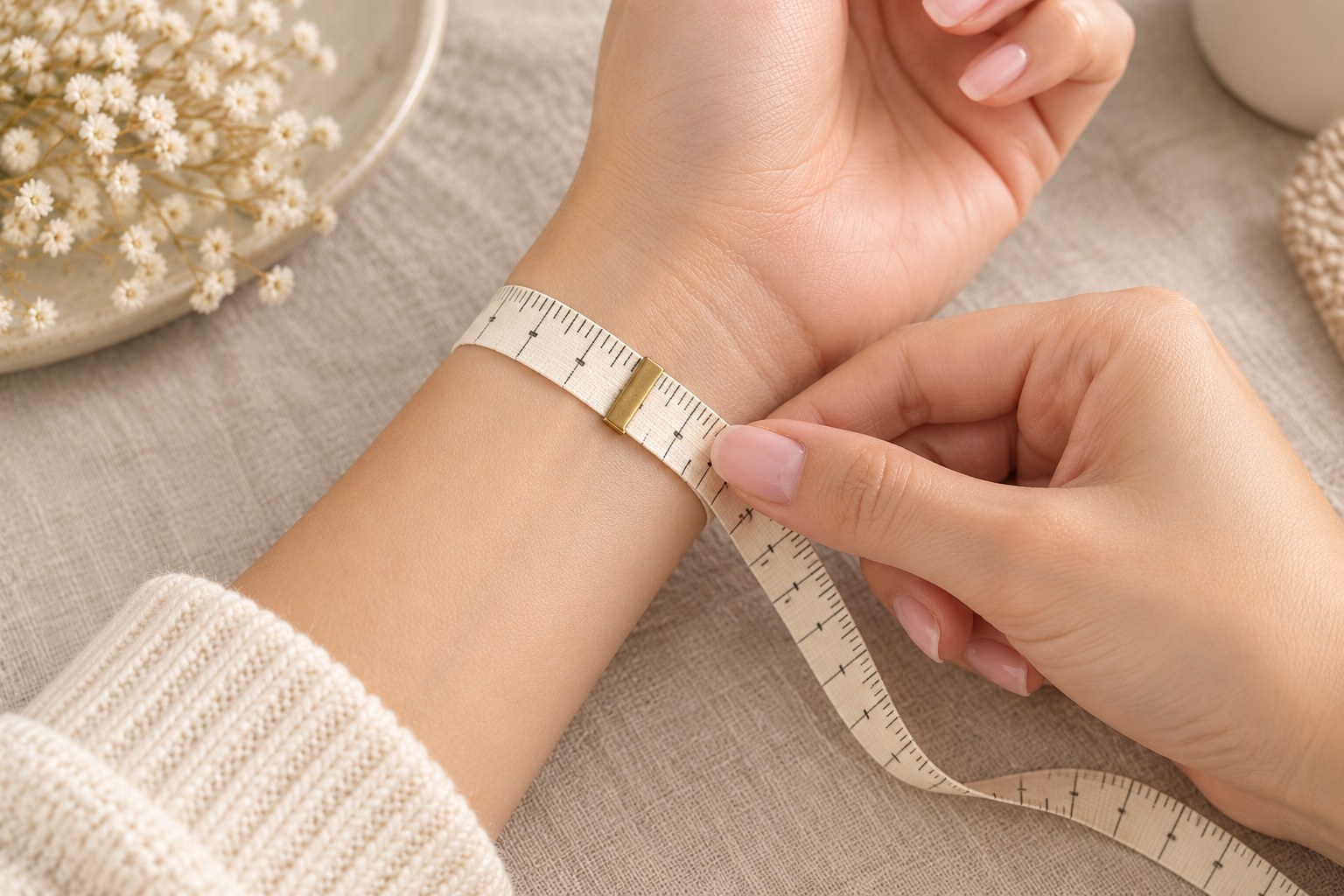 Measuring a wrist with a soft tape just above the wrist bone