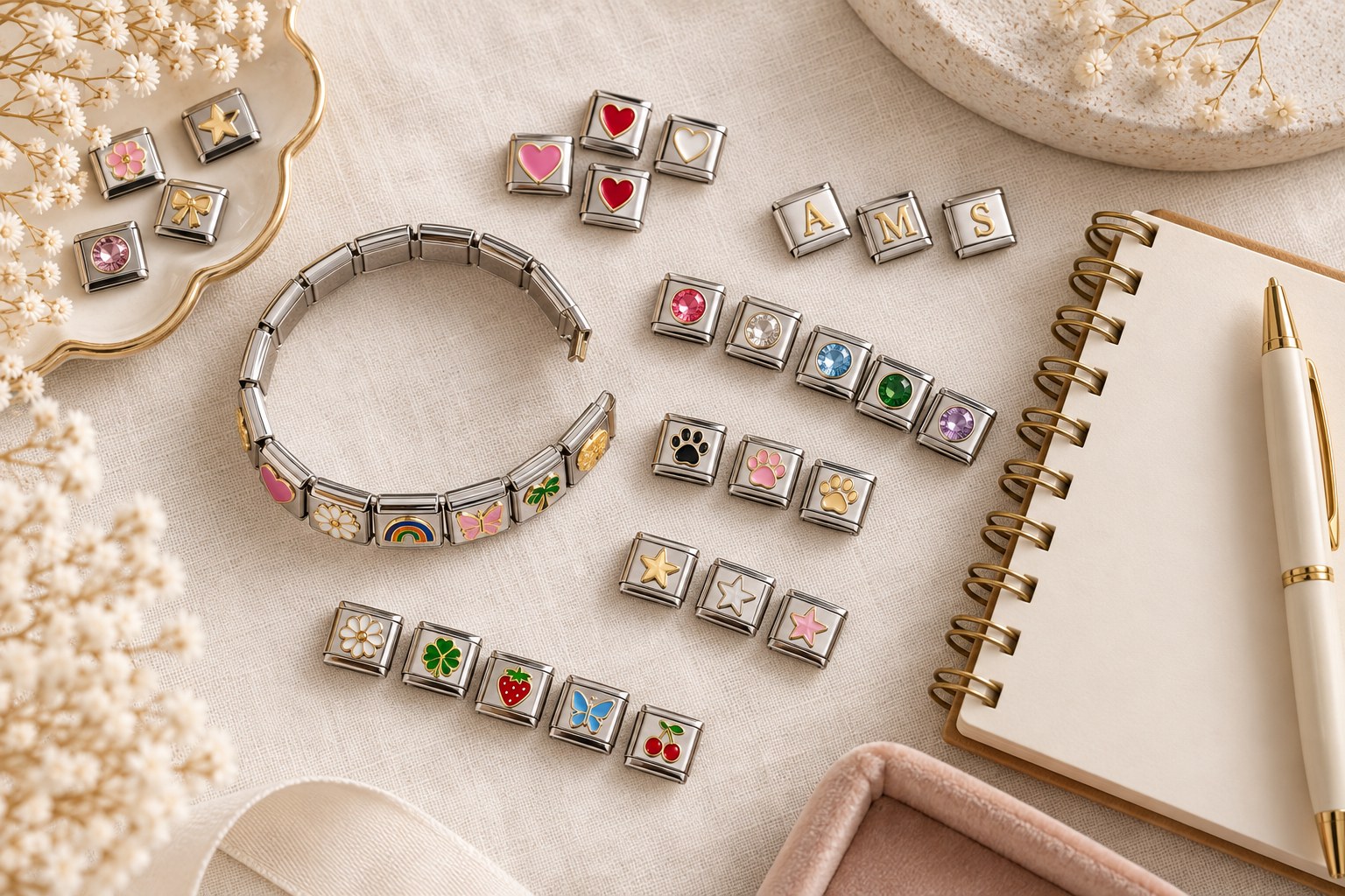 Loose charm links arranged by theme next to a bracelet and notebook