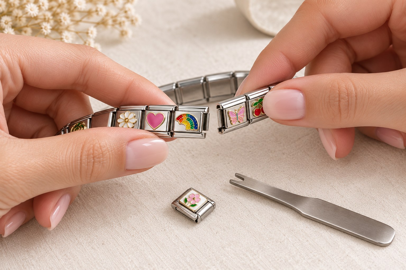 Opening an Italian charm bracelet between two links with an opening tool nearby